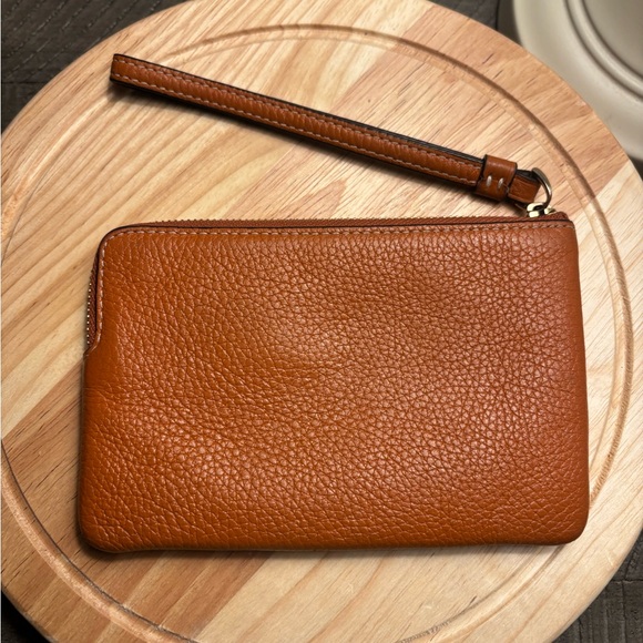 Coach Tan Leather Corner Zip Wristlet with Coach Stripes - Picture 2 of 3